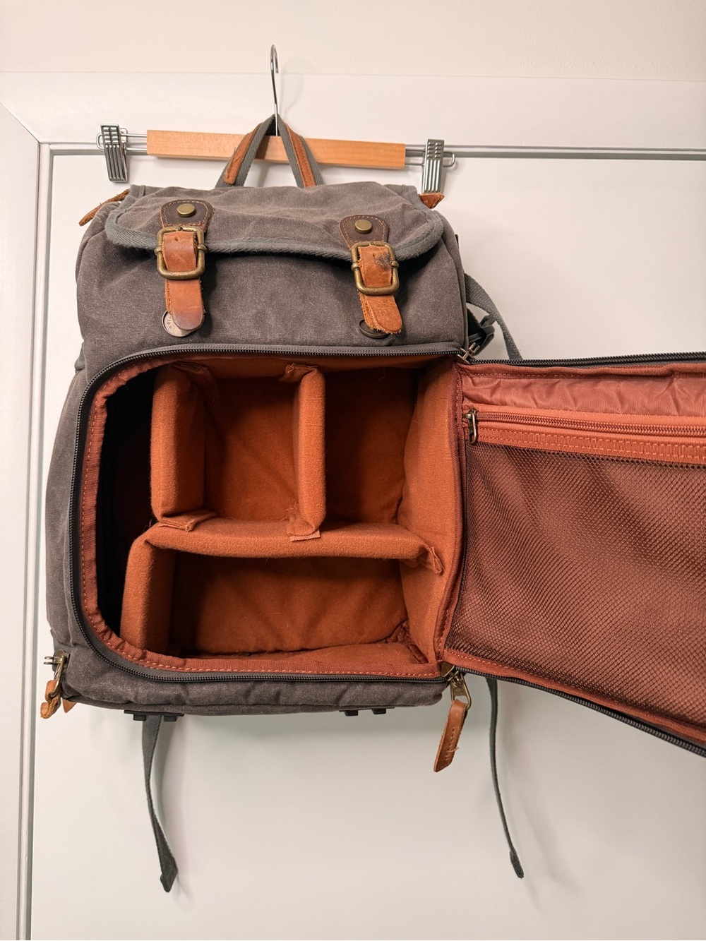 Canvas Camera Backpack for Men - Gray with Tan Accents